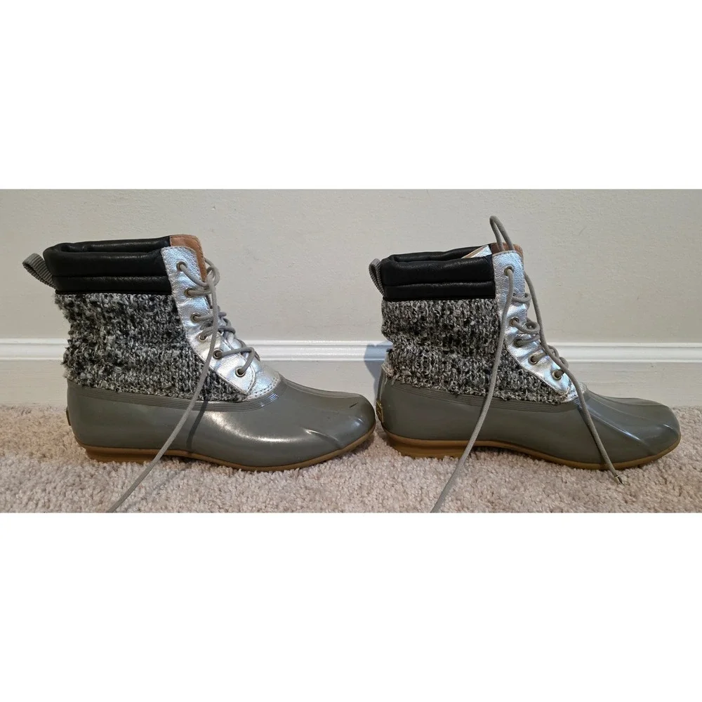 Sam Edelman Womens Grey Tweed Metallic Silver‎ Leather Lace Up Duck Boots Size 9